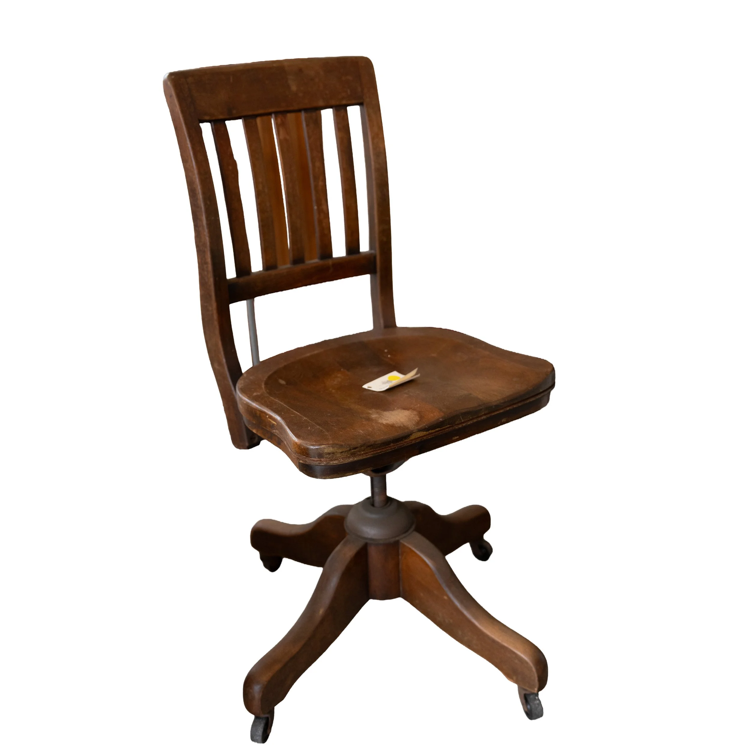 Antique Wooden Banker’s Chair – Vintage Office Desk Chair with Curved Spindle Back