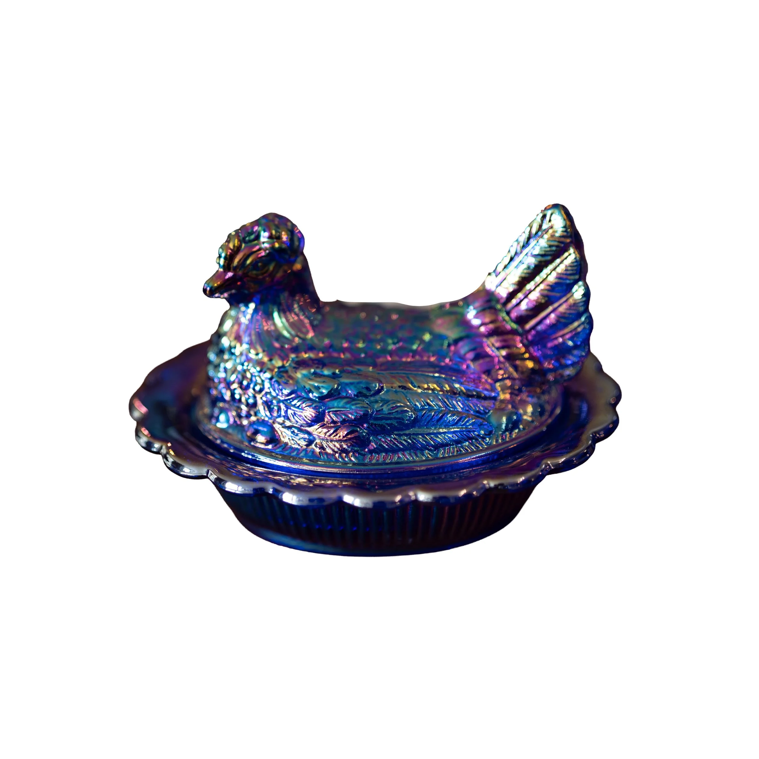 Blue Carnival Glass Mosser Nesting Hen – Vintage Collectible Figurine