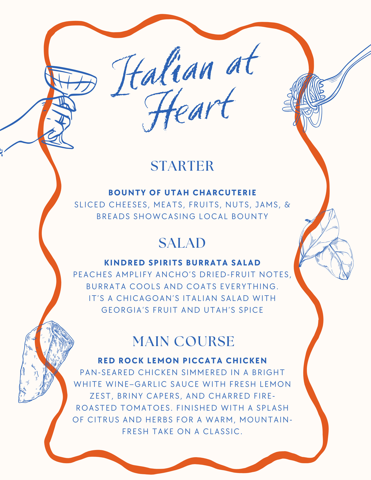Menu for private dining titled 'Italian at Heart' featuring starter, salad, and main course options, with illustrations of a wine glass, a bunch of grapes, and a piece of cheese.