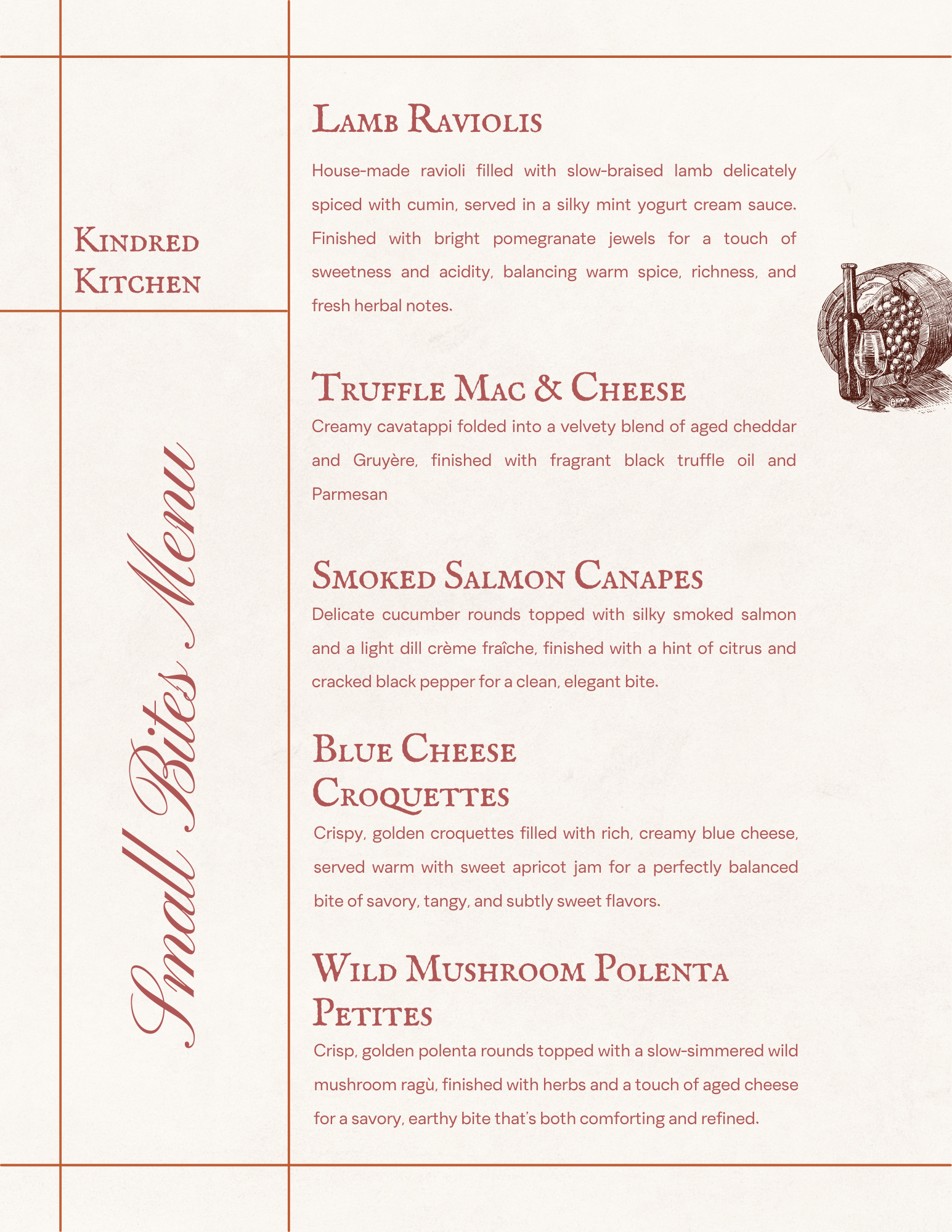 A menu for private dining featuring small dishes such as Lamb Ravioli, Truffle Mac & Cheese, Smoked Salmon Canapes, Blue Cheese Croquettes, and Wild Mushroom Polenta Petites, with a small illustration of a wine key and grapes.