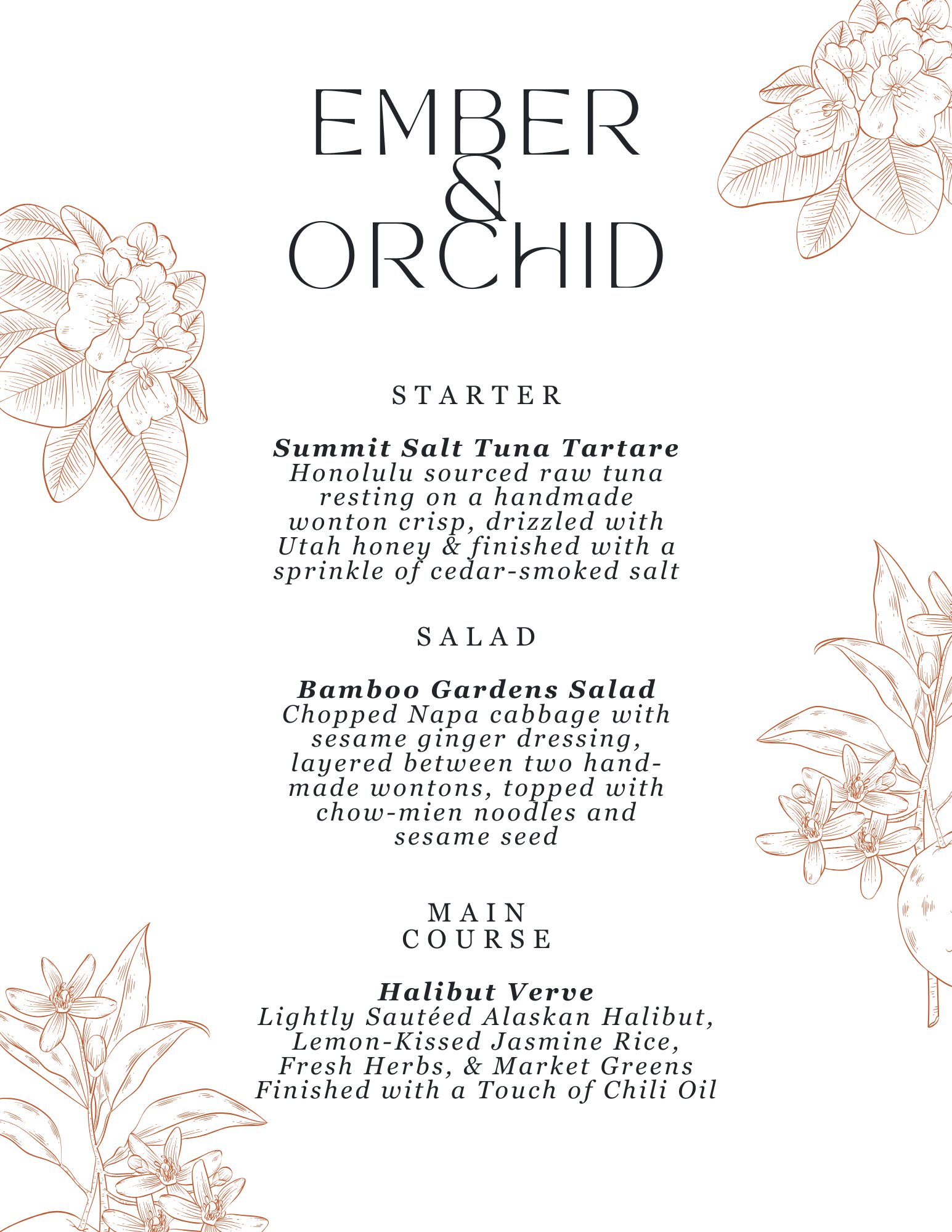 Menu for private dining called Ember & Orchid featuring a starter, salad, and main course options with floral illustrations in the corners.