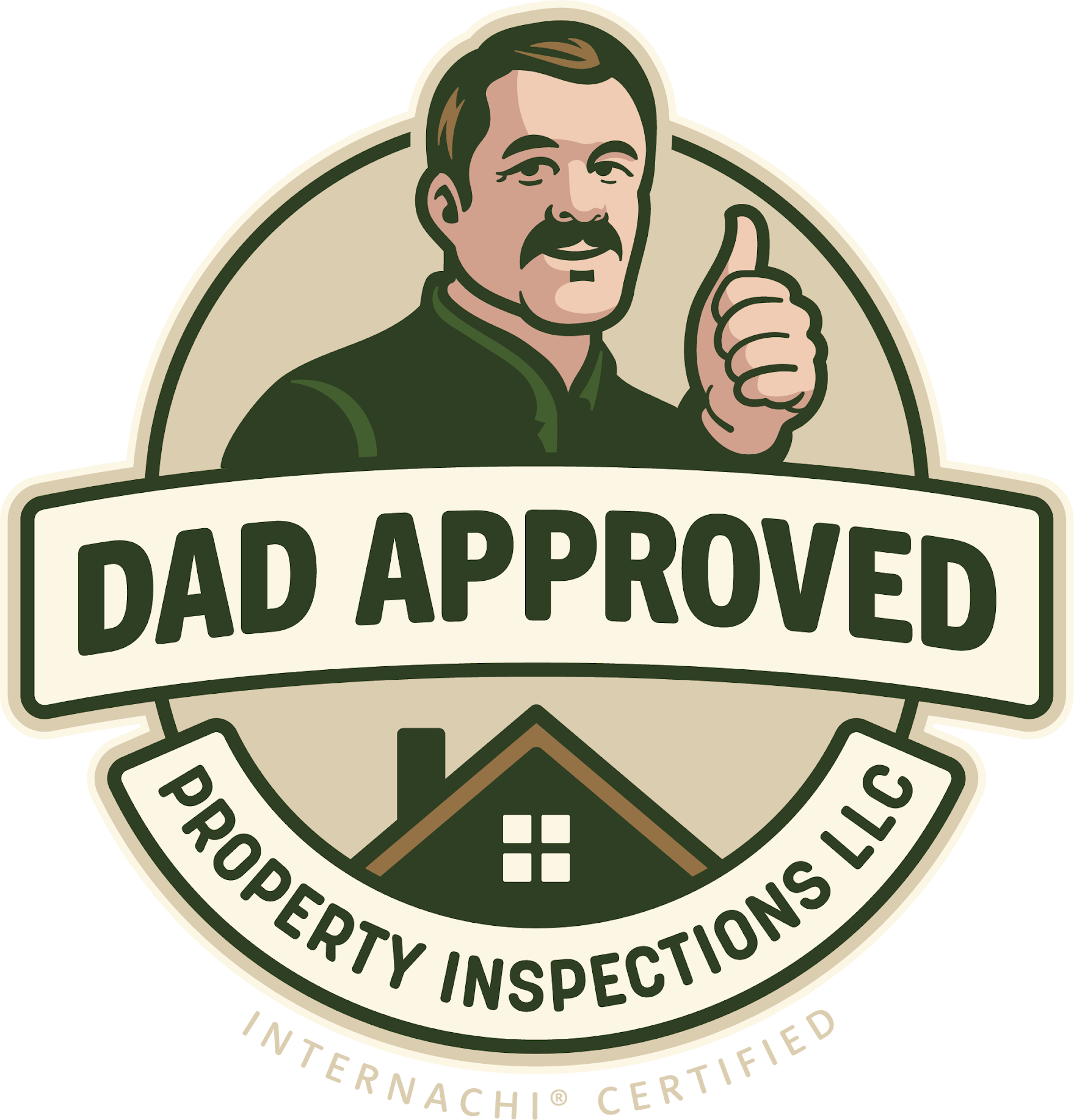 Logo with a man giving a thumbs-up, the text 'Dad Approved' and 'Property Inspections LLC', and a house icon.