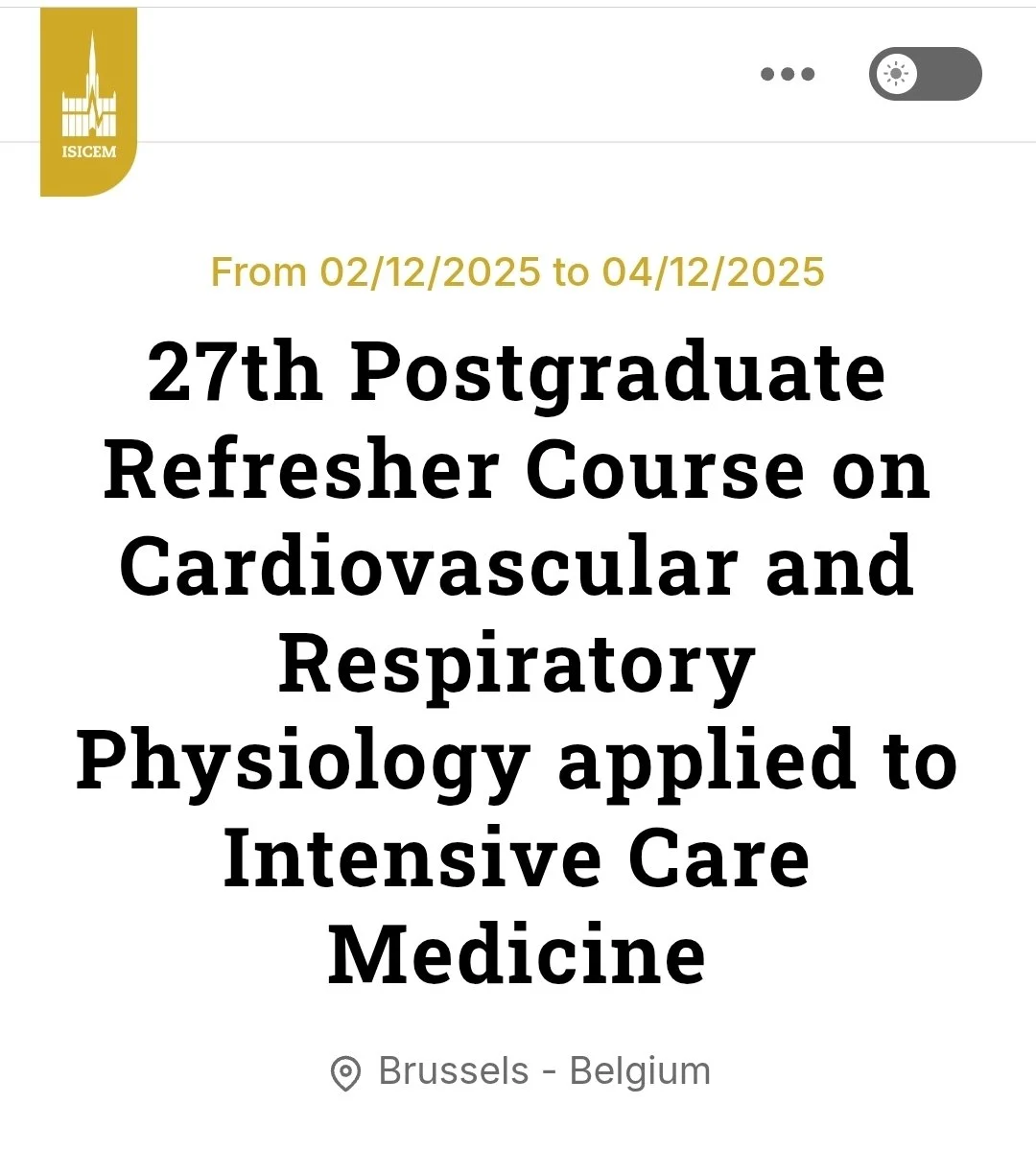 ISICEM  27th Postgraduate Refresher Course on Cardiovascular and Respiratory Physiology applied to Intensive Care  Medicine