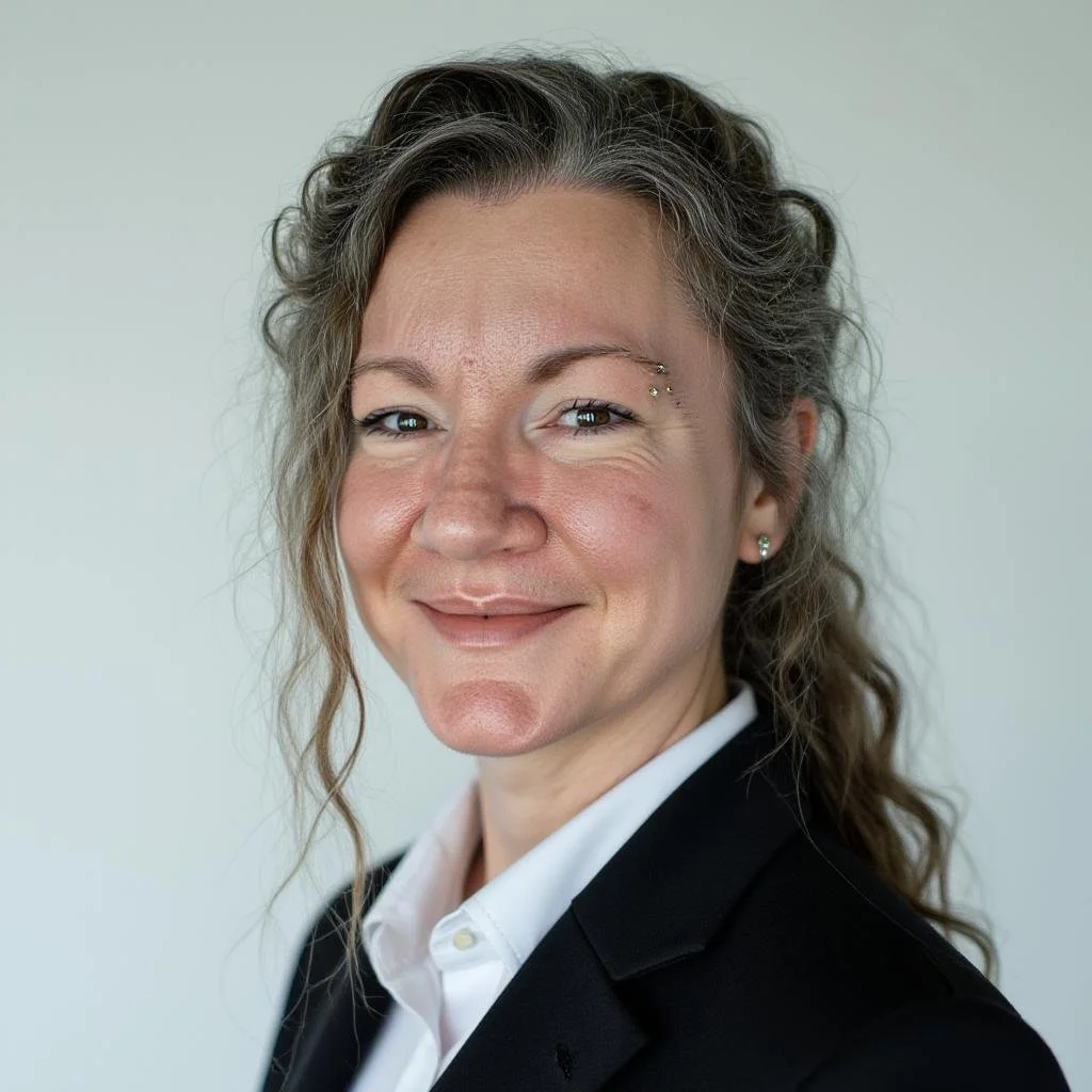 Professional headshot of Annie Makin with white colored blouse and black blazer