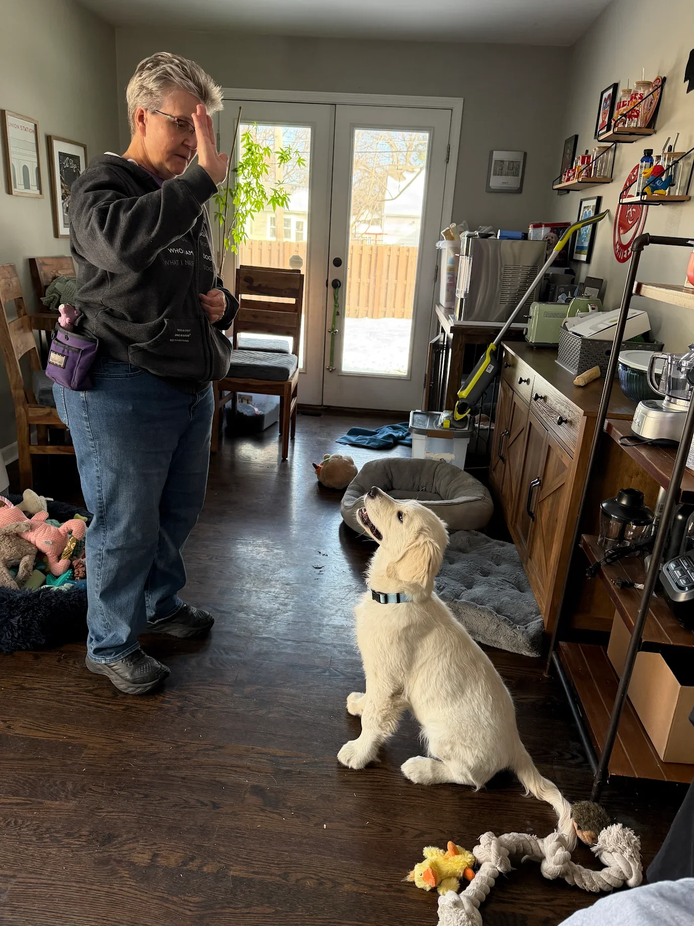 A woman with short gray hair, glasses, dressed in a black hoodie and jeans, is standing in a room with her left hand raised to her forehead in a salute gesture. A young golden retriever puppy, wearing a blue collar, is sitting on the dark wooden floor looking up at her, with toys scattered nearby. In the background, there are chairs, a door leading outside, and various household items on cabinets and shelves.