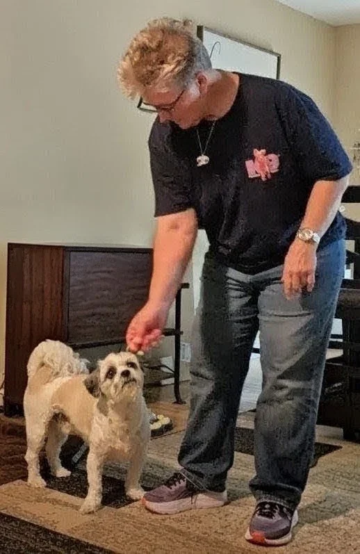 Person with curly hair in black T-shirt and gray pants leans over to give a treat to a small, cream-colored dog with a fluffy tail inside a home.