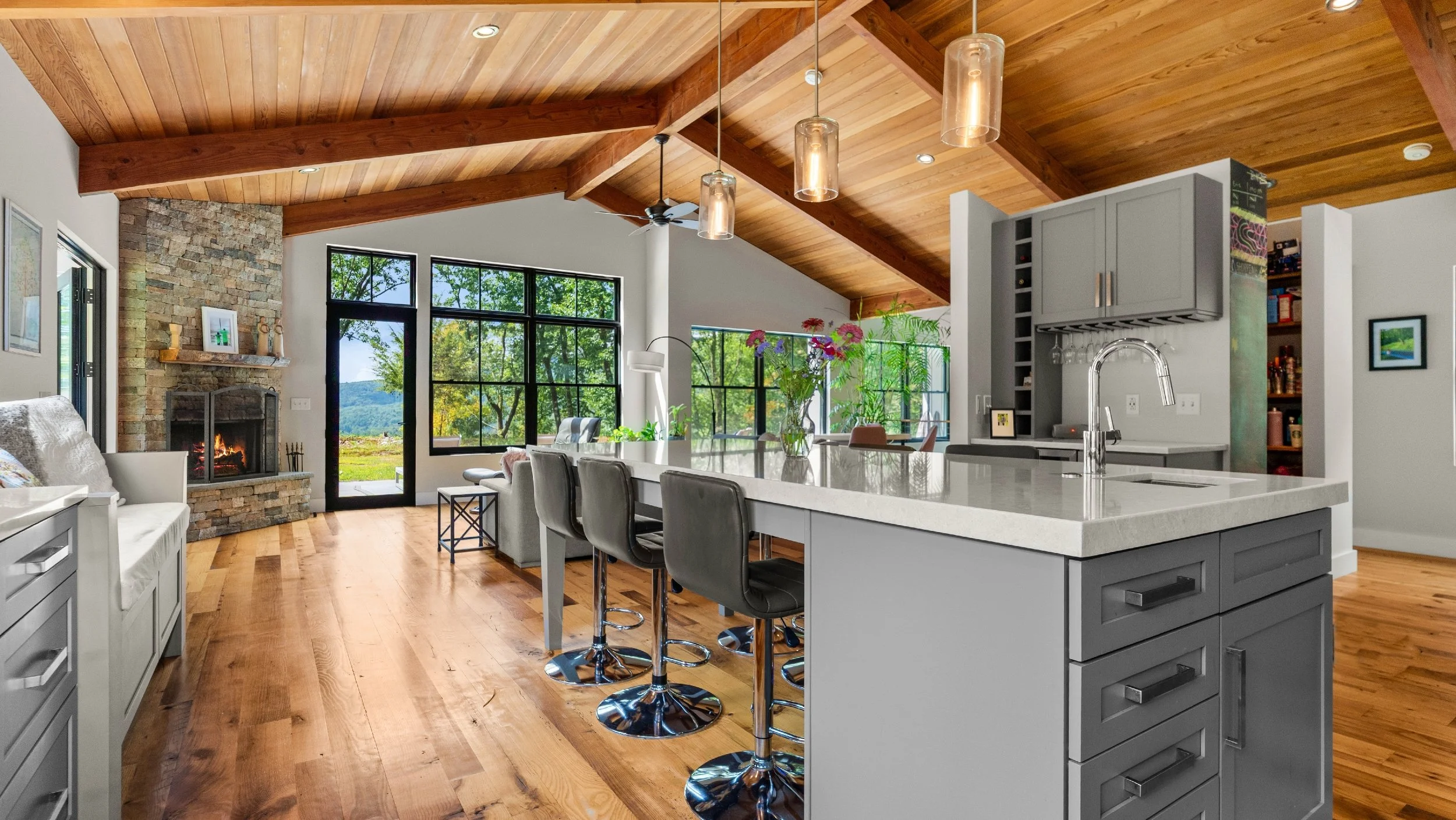Kitchen, Great Room + Fireplace