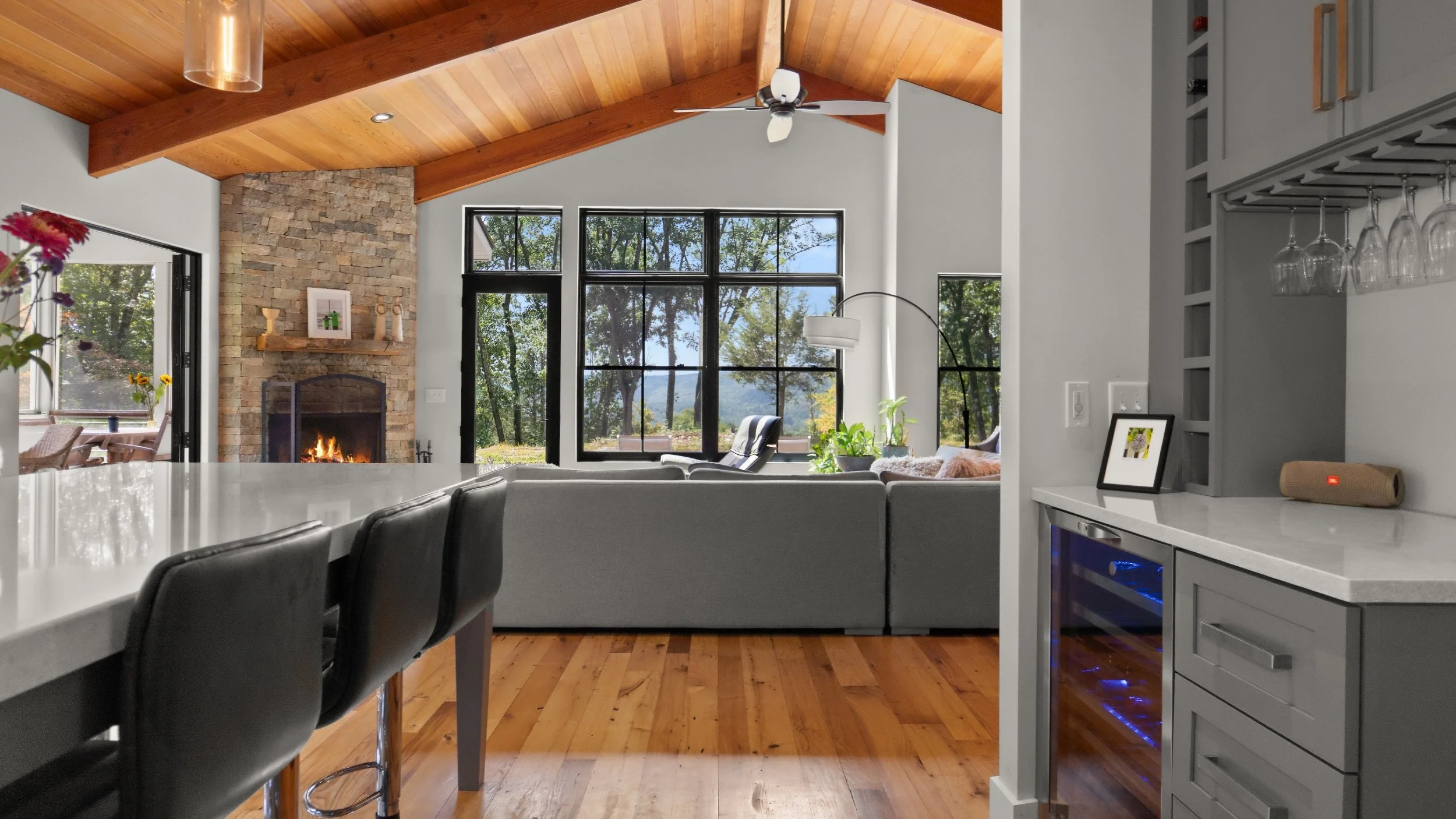 Kitchen, Great Room + Fireplace
