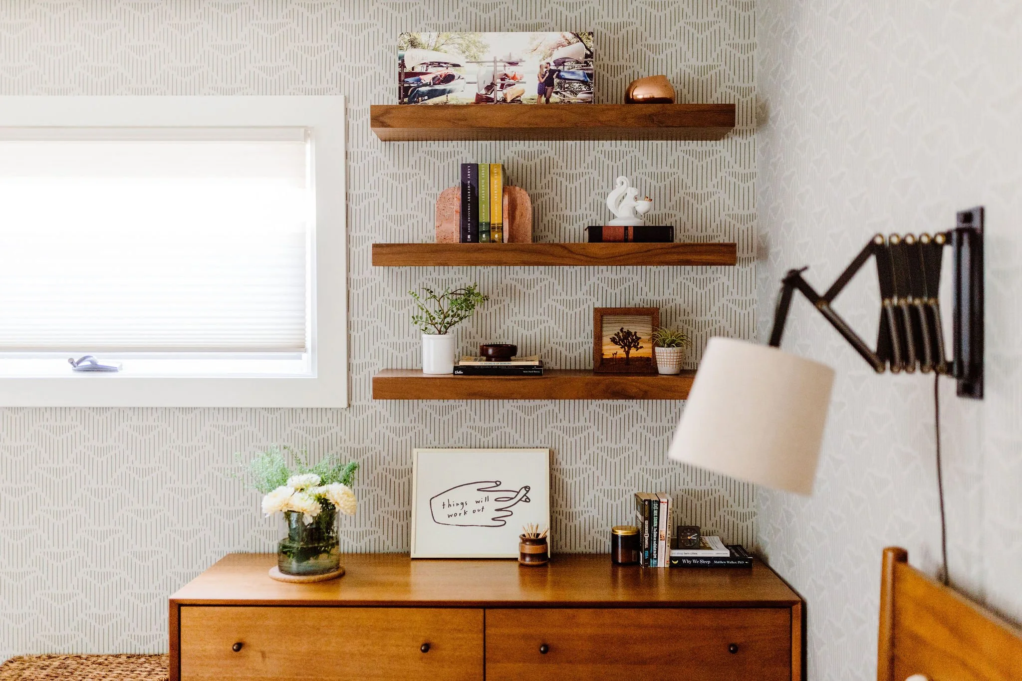 Stylish wall shelving designed for maximum display and visual interest.