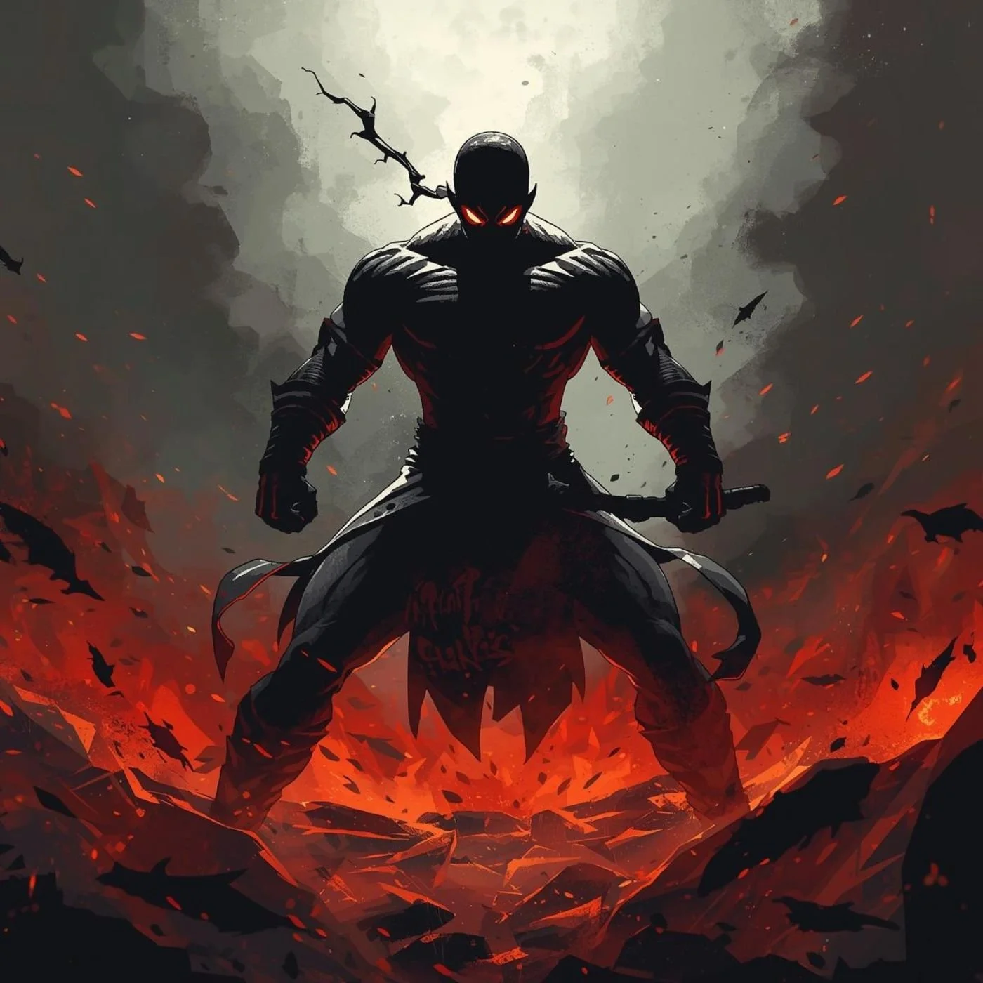 A dark, muscular figure with glowing red eyes, holding a sword, standing in front of a fiery, chaotic background.