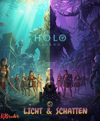 A digital artwork split into two parts. The left side depicts a sunlit, underwater cityscape from the game 'Hollow Legend' with adventurers and mythical creatures. The right side shows a dark, shadowy battlefield with armed fighters and monstrous figures. The title 'Licht & Schatten' is at the bottom, with the logos for 'Hollow Legend' and 'Kiburder'.