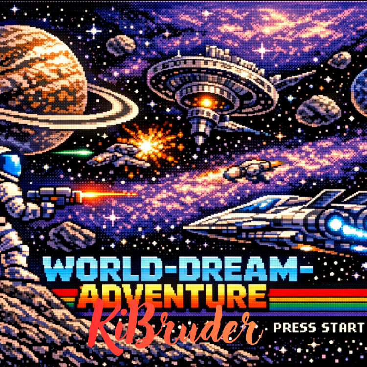 A pixel art illustration of a space scene with planets, asteroids, and a spaceship, featuring a title "World Dream Adventure" and "Start" button, with a retro video game style.