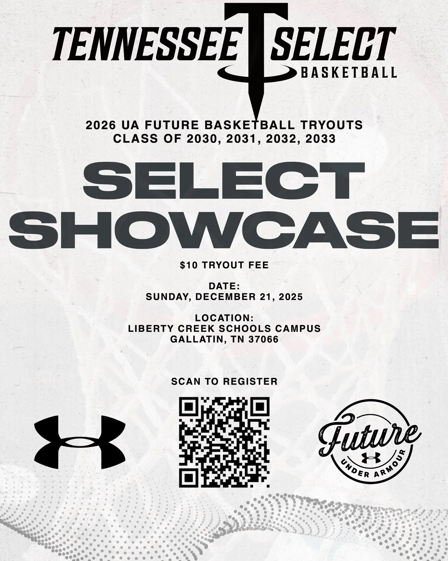 Tennessee Select Showcase basketball registration is now open!  Get signed up today to tryout for our 2026 UA FUTURE basketball teams! #SELECT #UA