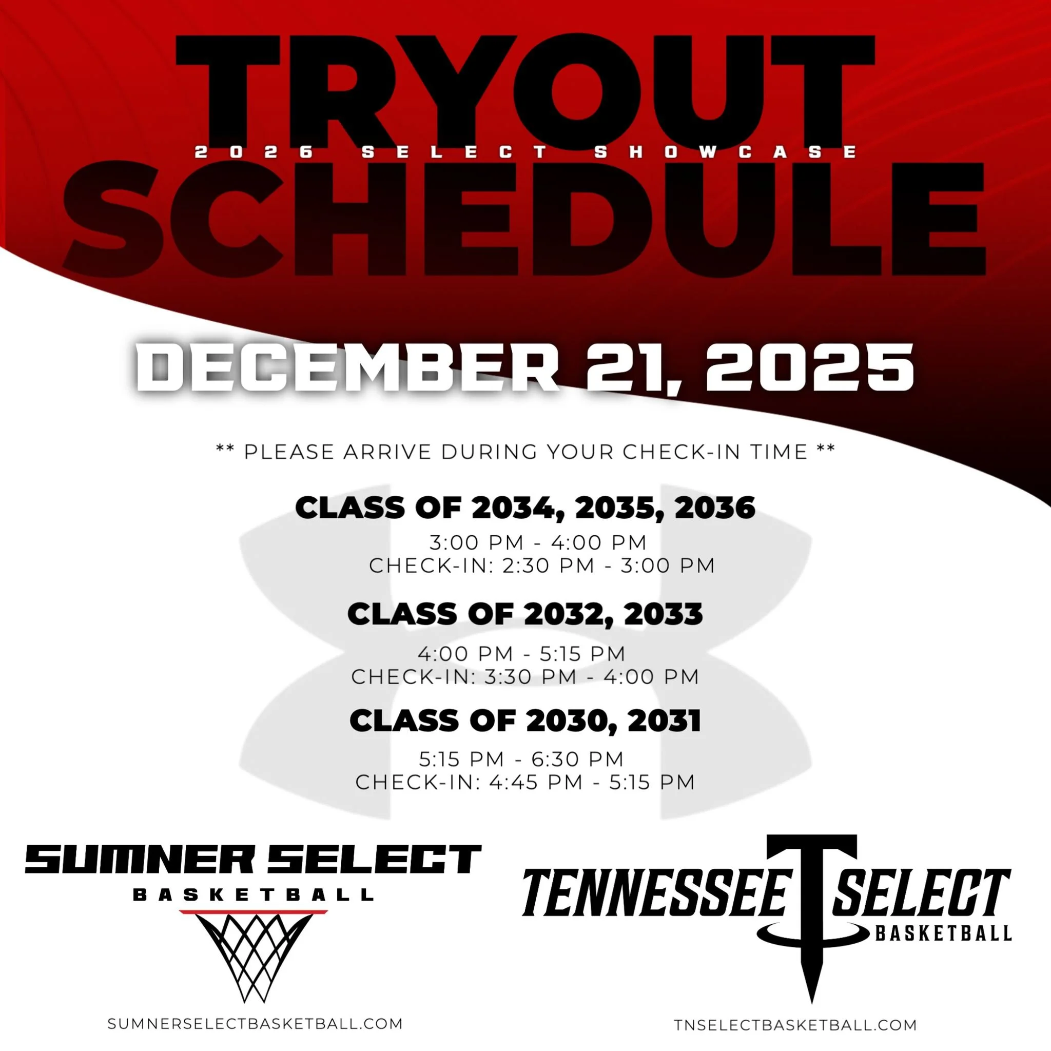 Our 2026 Select Showcase tryout times have been set.  If you have not registered, now is the time!  Spring is coming soon!