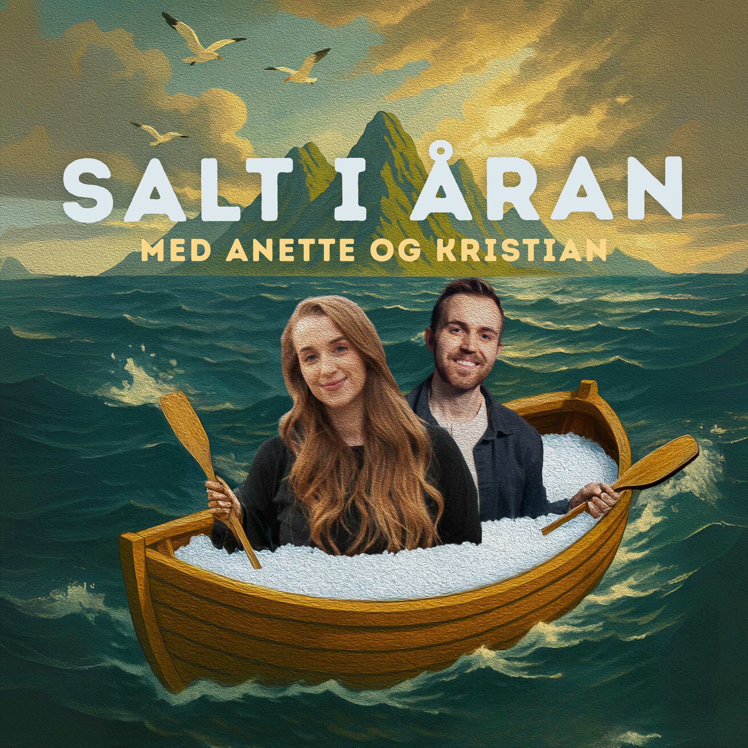 Illustrasjon av fjell i havet med seilende fugler og teksten 'Salt i åran med Anette og Kristian'.