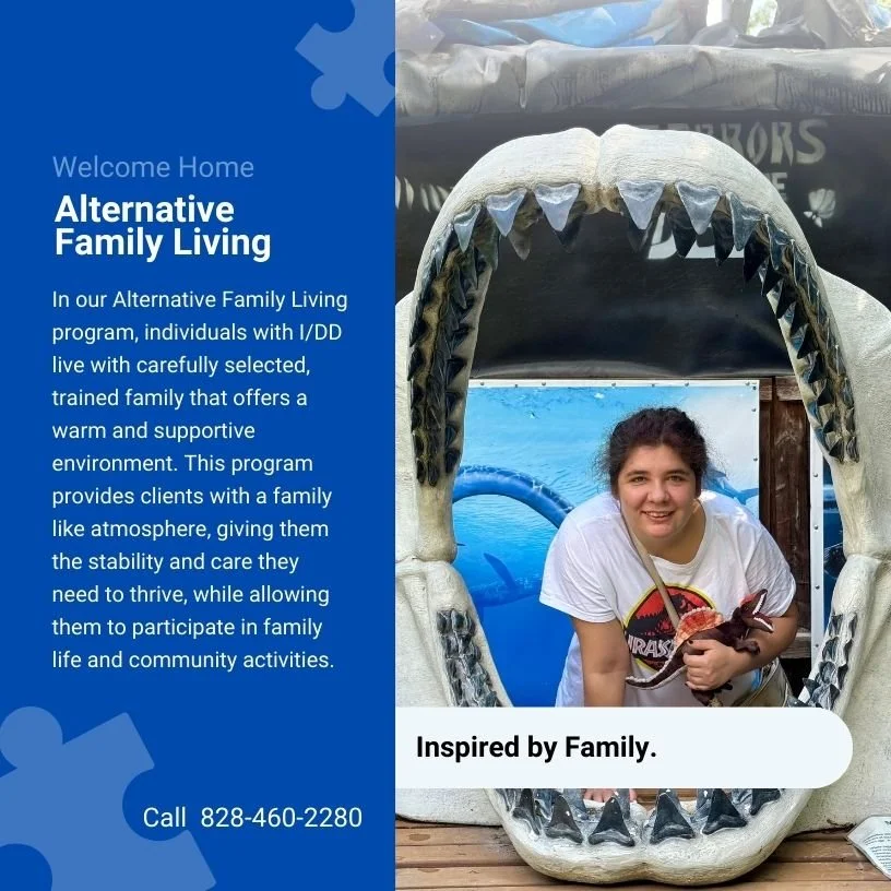 An informational flyer about an Alternative Family Living program, featuring a woman smiling inside a large, open-mouthed, crocodile-shaped sculpture.