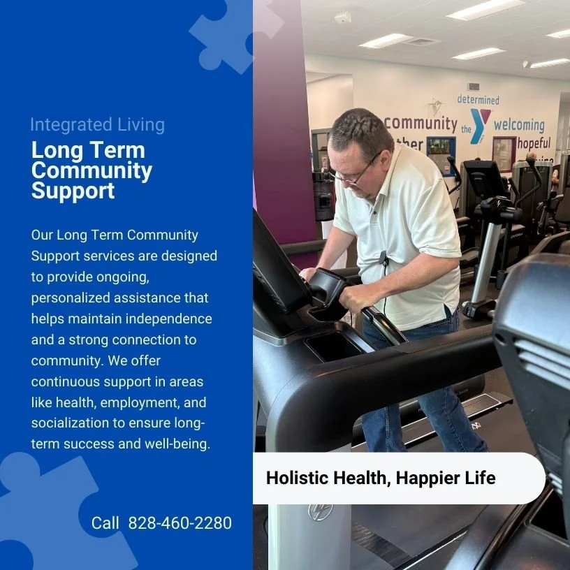 A man using a treadmill in a gym with motivational words on the wall behind him, including 'community,' 'welcoming,' and 'hopeful.'