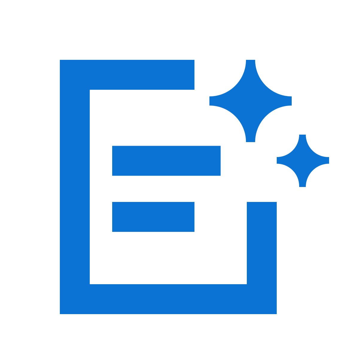 Icon of a document with a blue frame, three blue stars of different sizes to the right, and horizontal lines representing text.