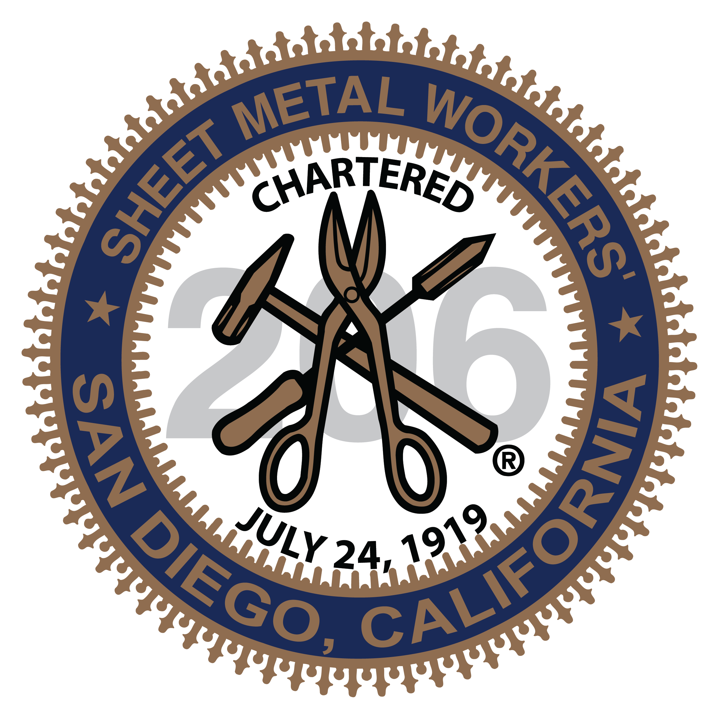 Logo for Sheet Metal JATC San Diego featuring scissors and a screwdriver in a shield design.