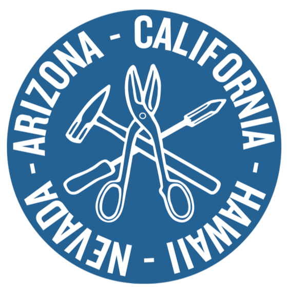 Blue circular logo with white scissors, hammer, screwdriver, and wrench crossing in the center, and a border with white text reading 'ARIZONA - CALIFORNIA - NEVADA - HAWAII'.