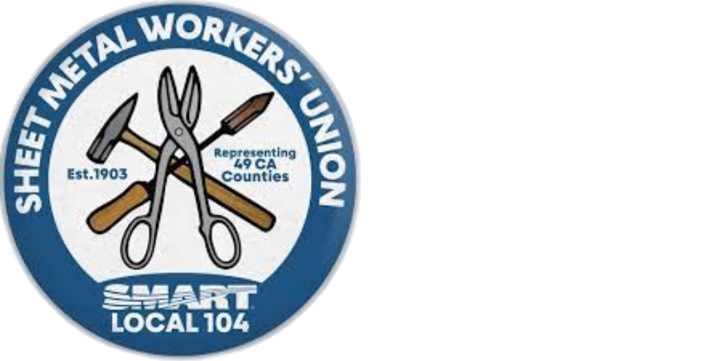 Logo of Sheet Metal Workers Union Local 104 featuring tools like a hammer, pliers, and a screwdriver crossed, with text indicating it represents 49 California counties, established in 1903, and part of SMART.