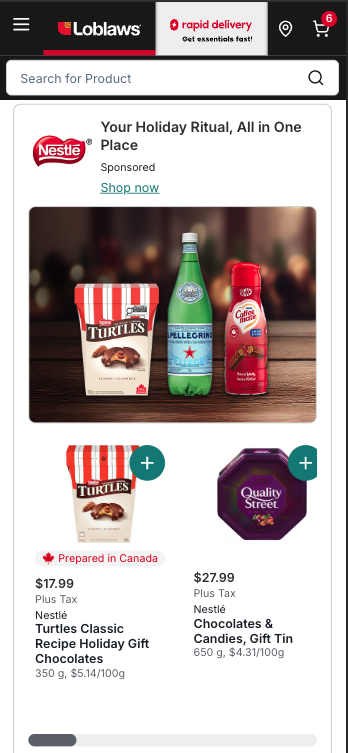 Mobile view of LOOP DSP shoppable ad built by my team on the loblaw.ca homepage.