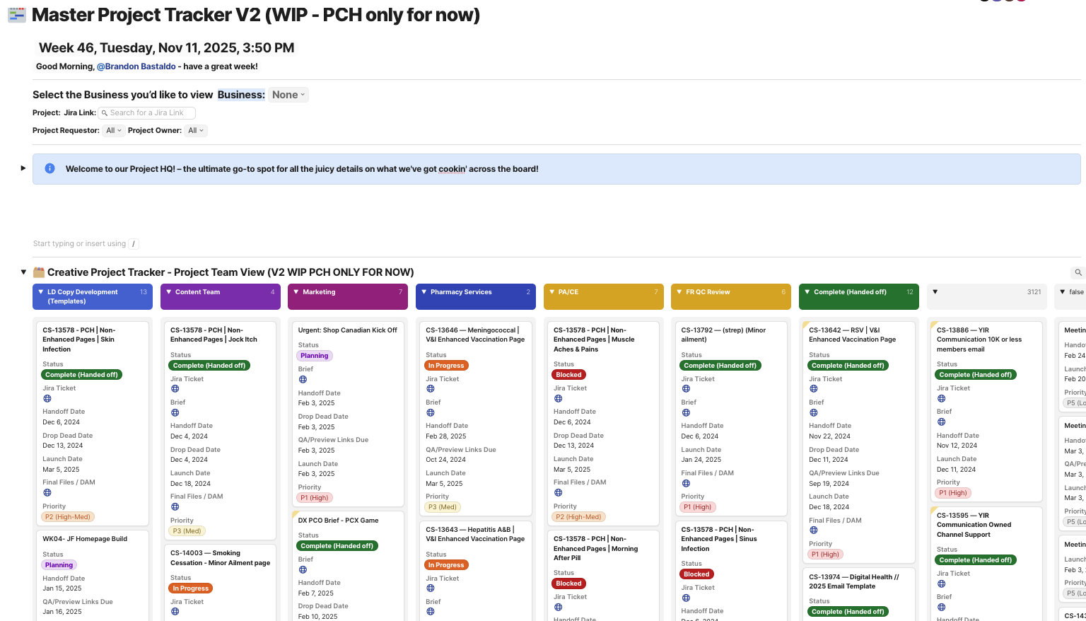 Higher level breakdown of projects broken out by LOB. From a glance, a user can understand final hand off dates, execution date and project status/ stage.