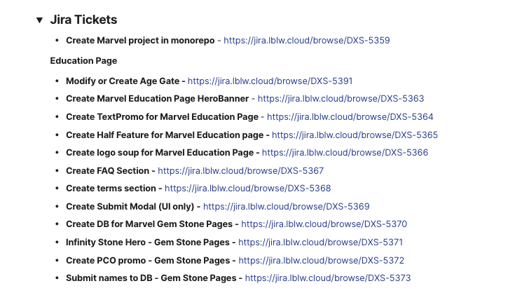 User stories and requirements translated into JIRA tickets for development and design teams