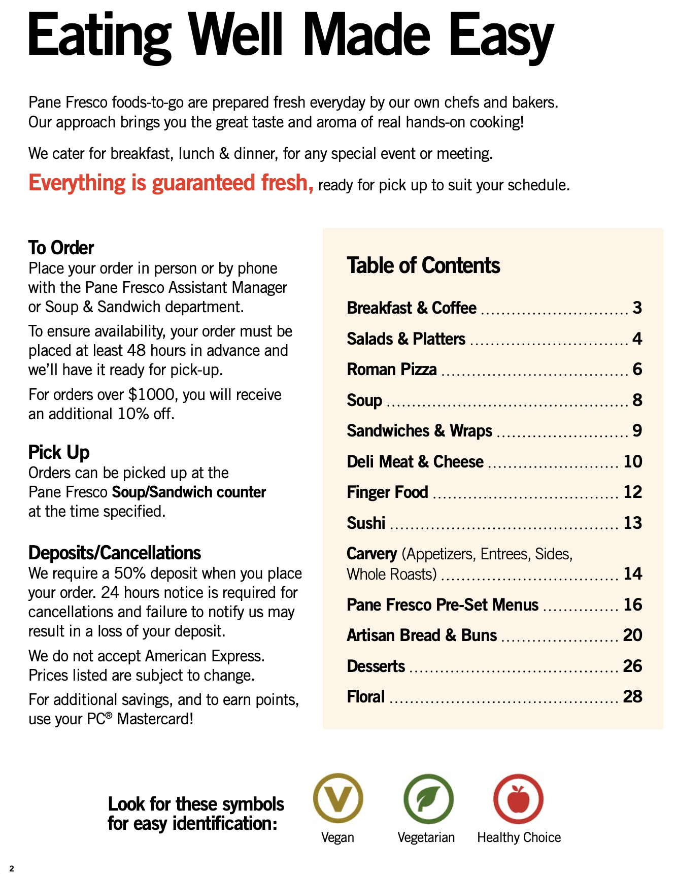 Menu page for catering brochure PDF we needed to work extensively on to ensure it was digitally accessible.