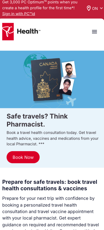 Pchealth.ca homepage using Helios CMS component displayed on web mobile.