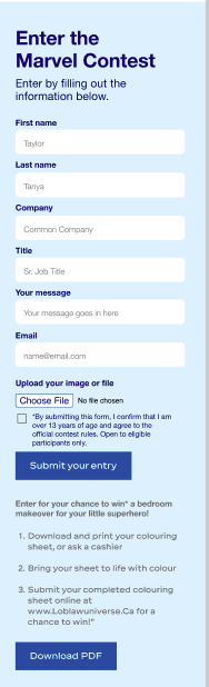 Loblaw & Marvel microsite sign up form mobile view