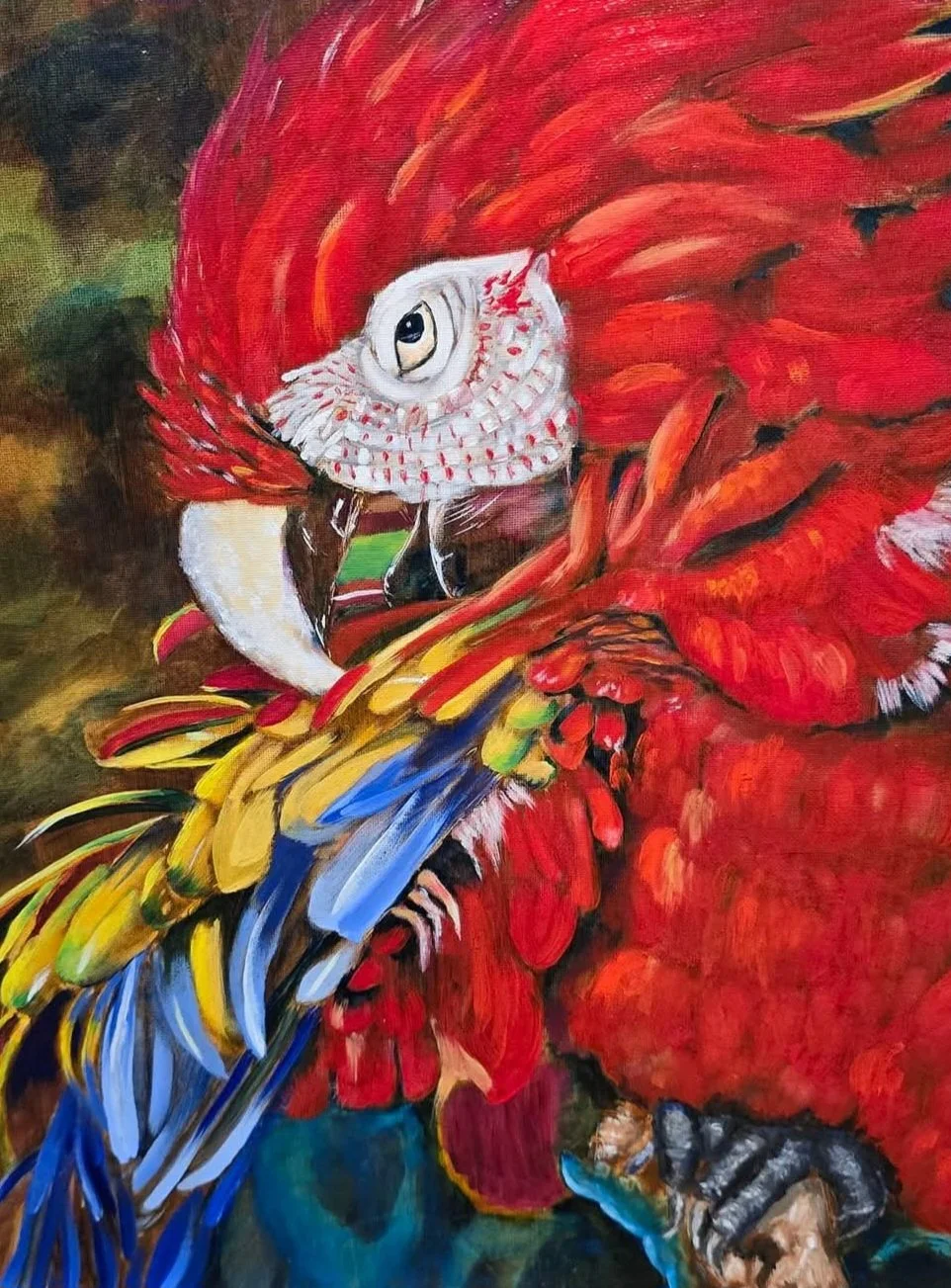 Colorful painting of a white cockatoo with a yellow crest perched on a red macaw with vibrant feathers.