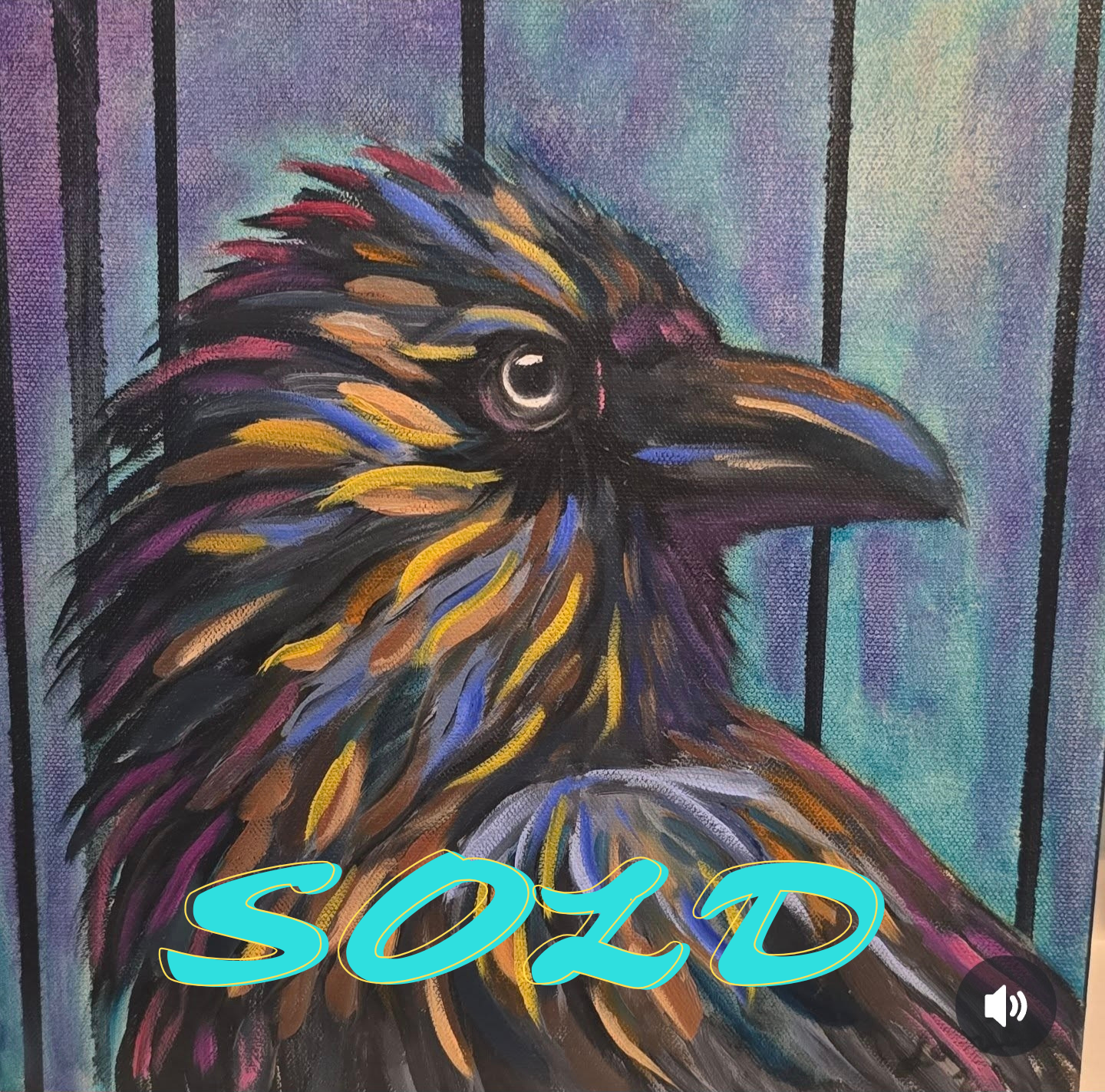 Colorful portrait of a bird with detailed feathers and a dark beak, set against a background with vertical black lines, with the word 'SOZID' written in light blue and yellow script at the bottom.