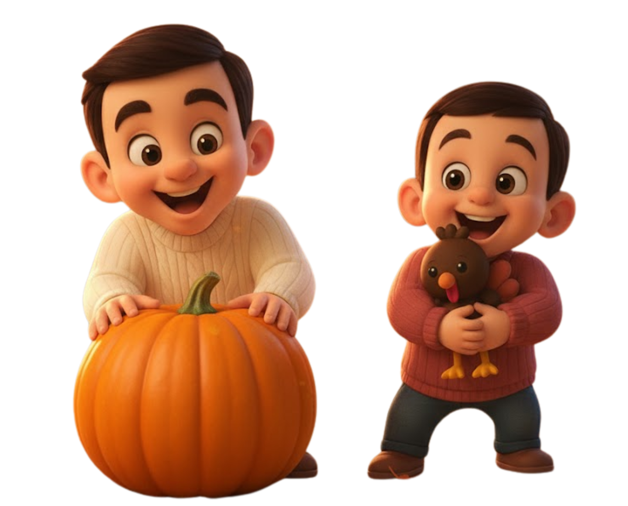 Two animated children, one with a pumpkin and the other holding a turkey plush toy, smiling and standing against a background with colorful light streaks.