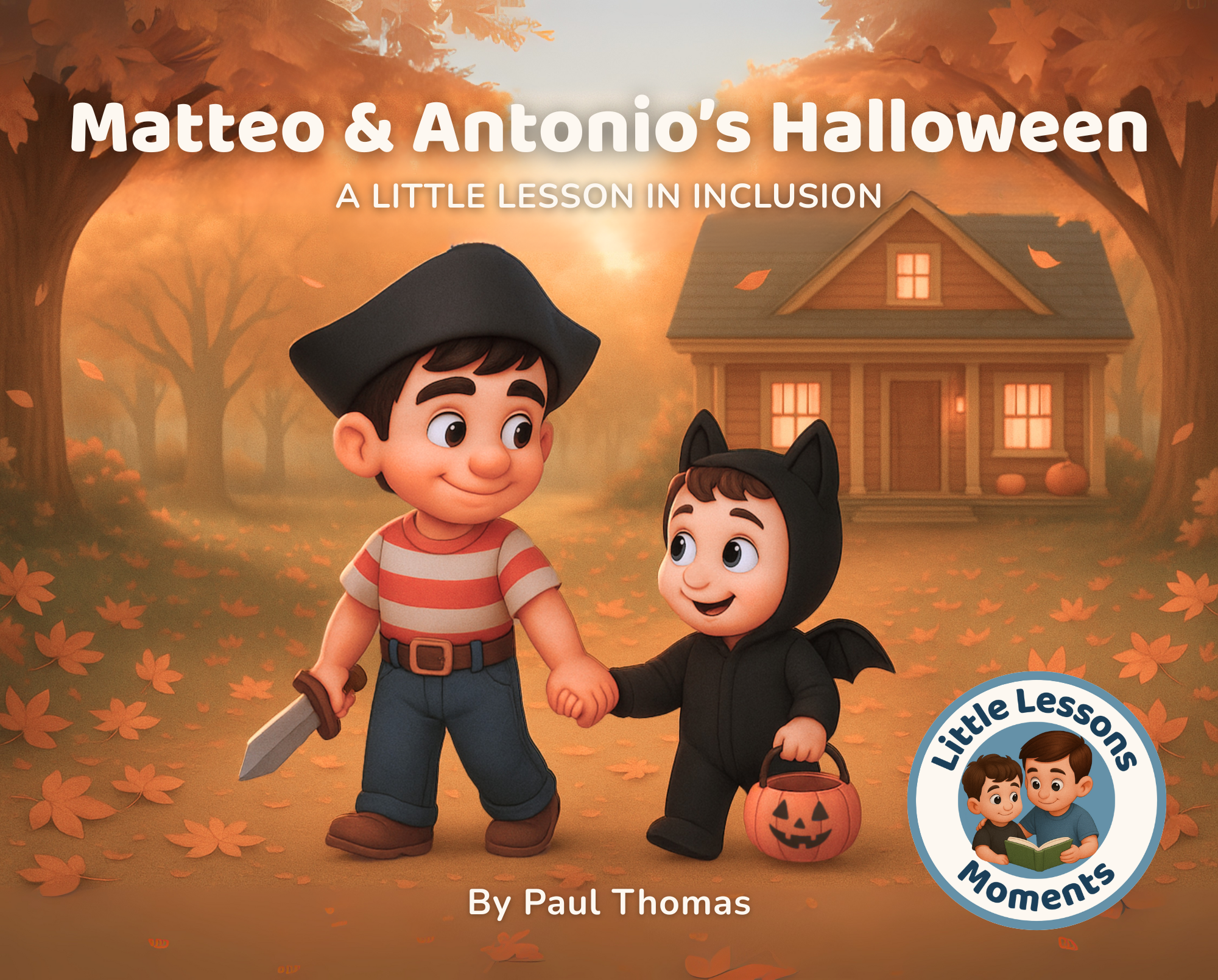 Illustration of two children dressed in Halloween costumes, one as a pirate and the other as a bat with a pumpkin basket, walking hand-in-hand in a fall setting with a wooden house in the background.