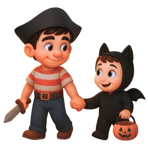 A young boy dressed as a pirate and a young boy dressed as a bat, holding a pumpkin-shaped Halloween bucket, standing side by side and smiling.