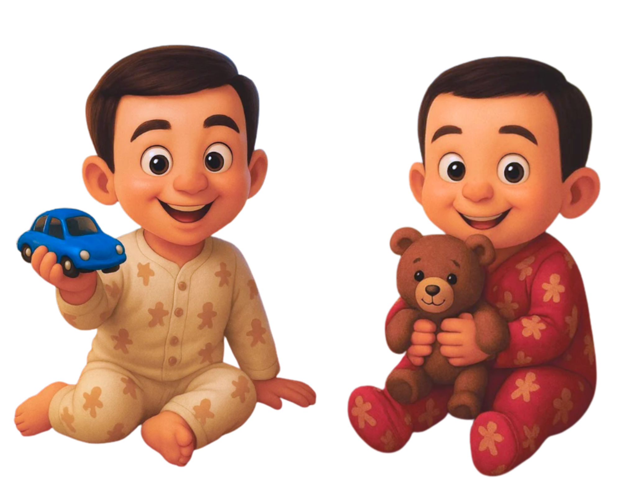 Two animated children, one holding a blue toy car and the other holding a teddy bear, sitting on the floor and smiling.