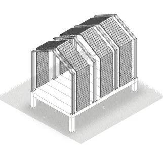 A diagram of a small, multi-story modular residential home or small commercial building with with steel foundation and ground screws, featuring gabled roof and vertical walls.