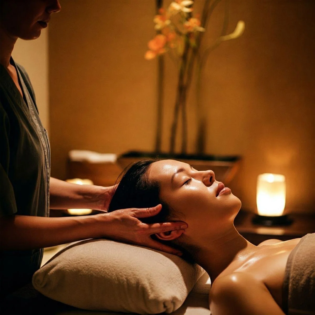 Young woman receiving a massage on her shoulder with a calm expression, lying on a blue massage table.