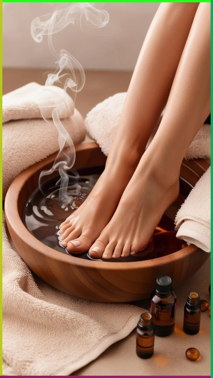 Feet soaking in a water bath with pink and green flowers and purple petals.
