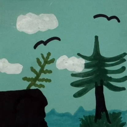 Hand-drawn Rich in Nature landscape with a conifer, leafy branch, clouds, and birds.