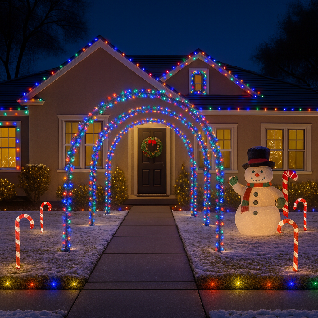 A house decorated with multicolored Christmas lights, a snowman with a top hat and scarf, candy canes, and a wreath on the front door during nighttime.