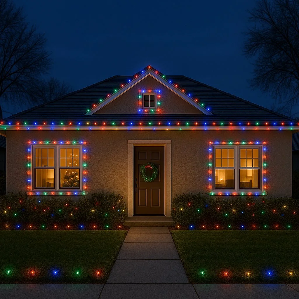 A house decorated with colorful Christmas lights around windows, roofline, and porch area, with a wreath on the front door, during nighttime.