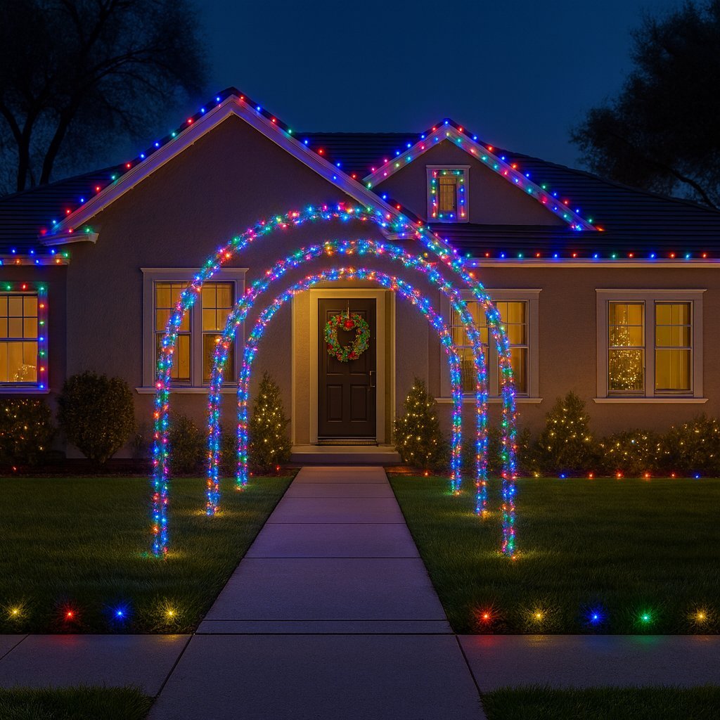 A house decorated with colorful holiday lights at night, with lighted arches leading to the front door and a wreath hanging on the door.