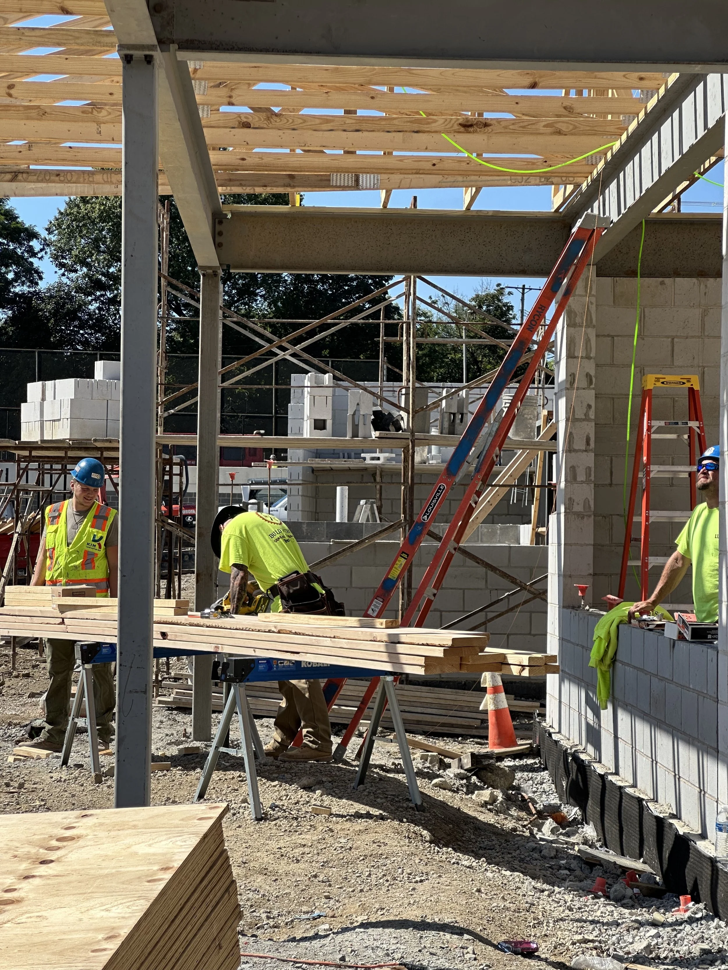Construction workers building a house frame, with scaffolding, ladders, and building materials visible on site.