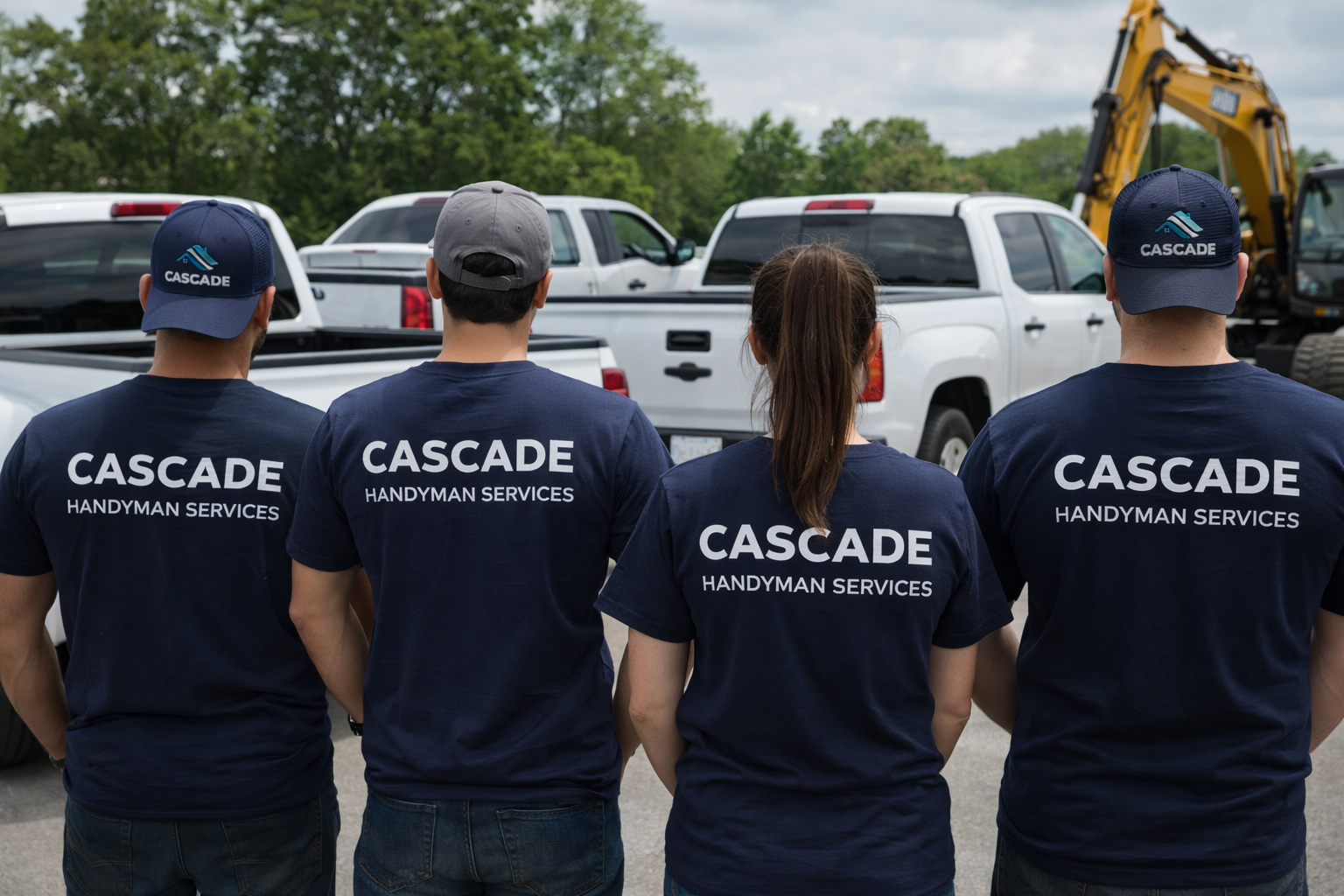 Four employees of Cascade Handyman Services standing with their backs facing the camera, wearing navy blue T-shirts and caps with company branding, looking at parked trucks and construction equipment.