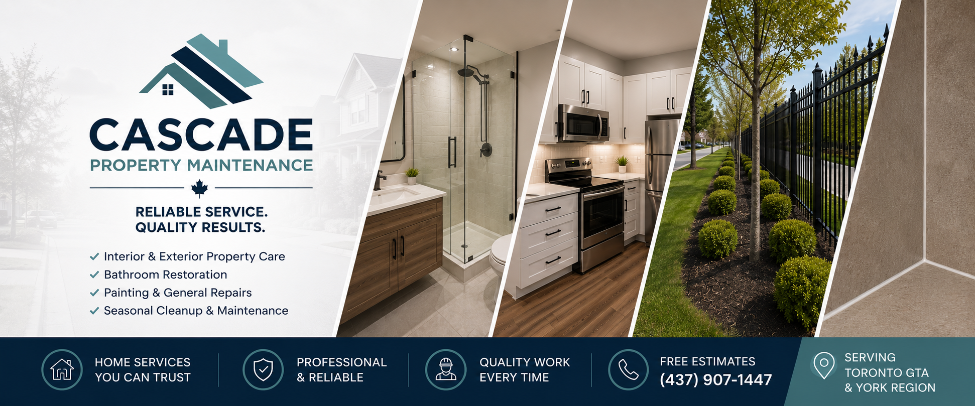 A business advertisement for Cascade Property Maintenance featuring images of home interior and exterior repairs, including a bathroom, kitchen, and garden, with contact information and service highlights.