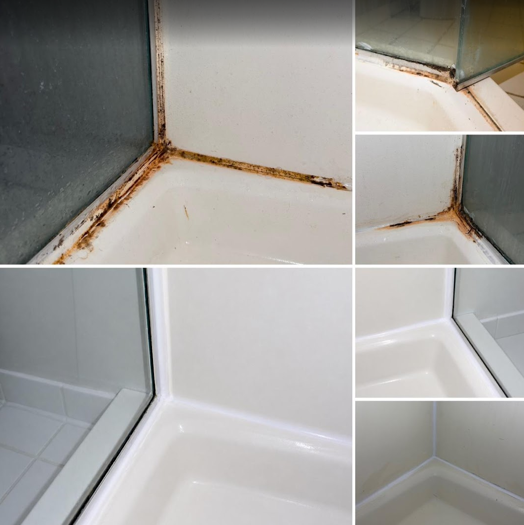 Series of bathroom shower corner images showing before and after cleaning. The initial images depict rust and mold in the corners, while the subsequent images show a clean and pristine shower corner with white tiles and no rust or mold.