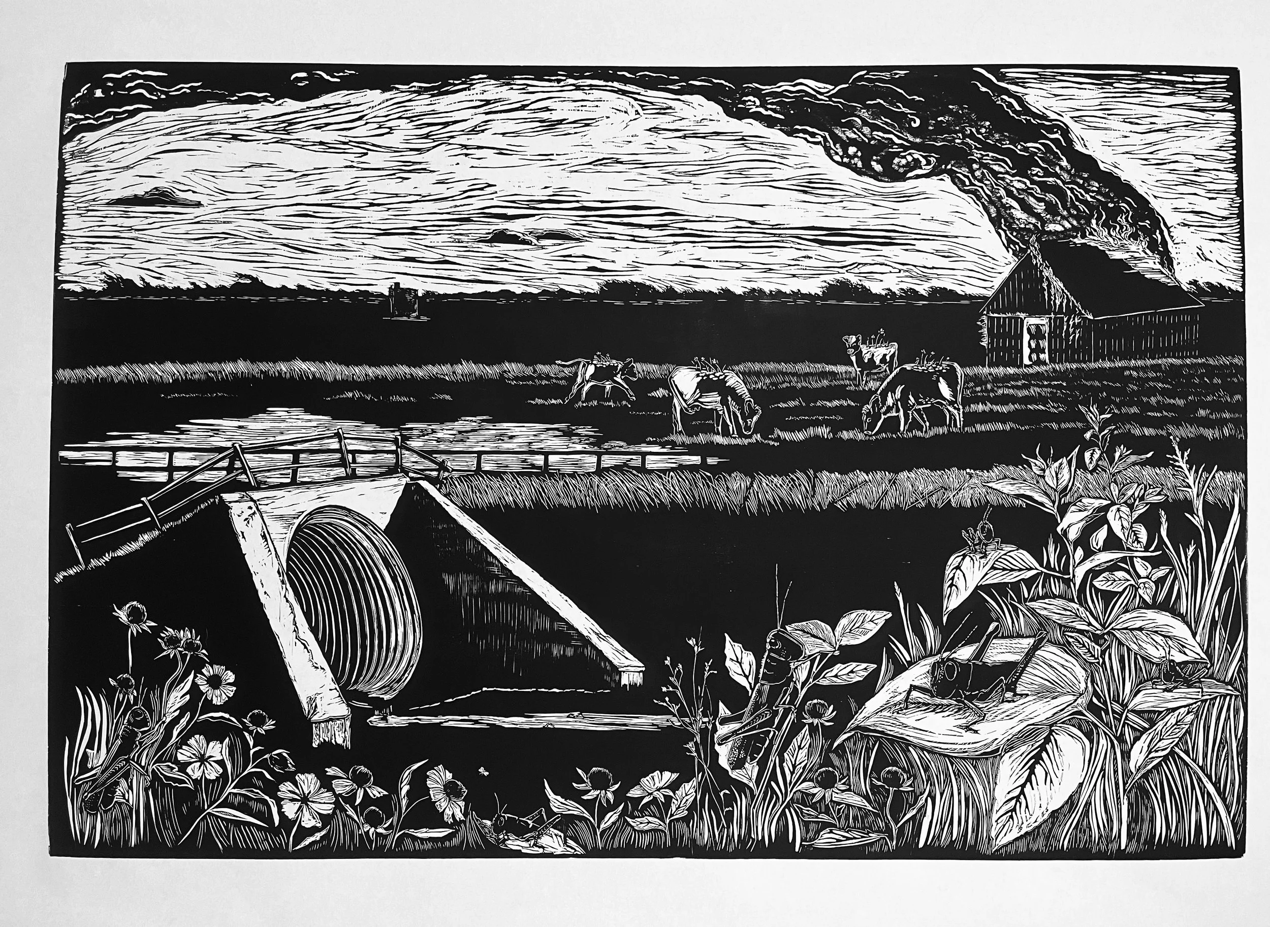 'The Creek and the Floodplains', Rachel Brown, 2024, Block Print, 48"x72"