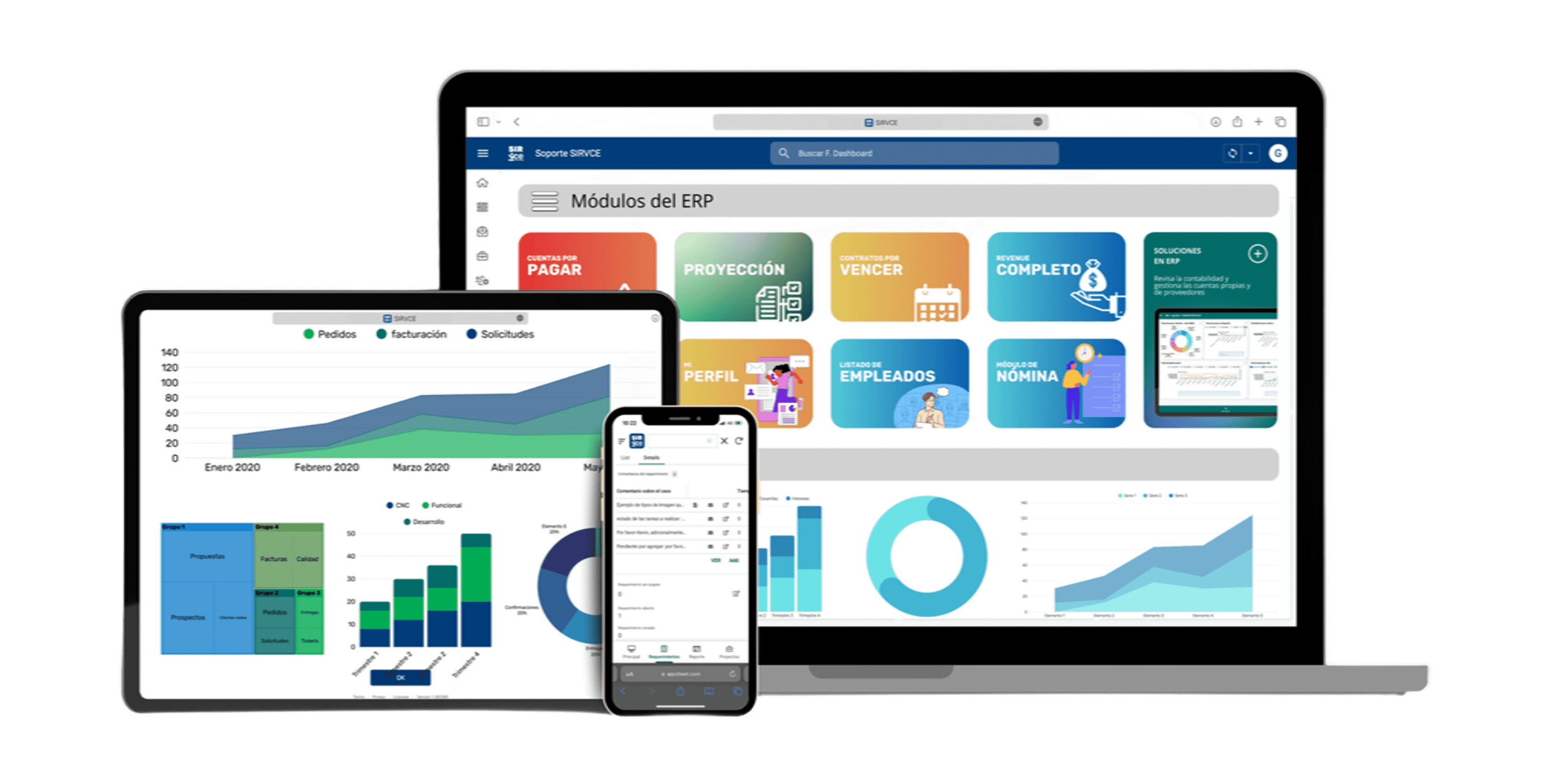 Foto de computador mostrando diferentes reportes de gestion